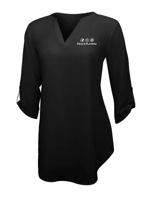 Womens Black 3/4 Sleeve Tunic Blouse w/Peace Players Logo