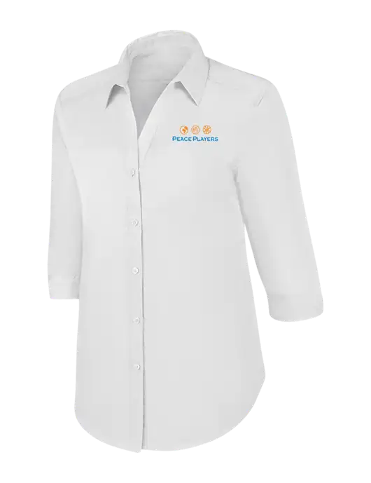 Womens White 3/4 Sleeve Carefree Poplin Shirt w/Peace Players Logo