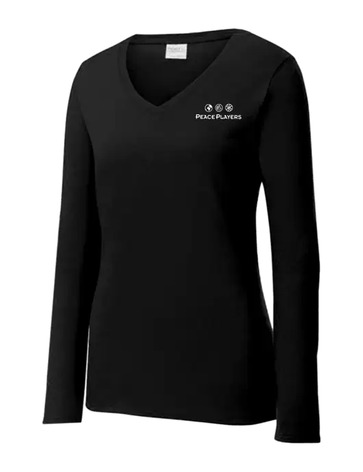 Womens V-Neck Ring Spun Jet Black 4.5 oz Long Sleeve T-Shirt w/Peace Players Logo
