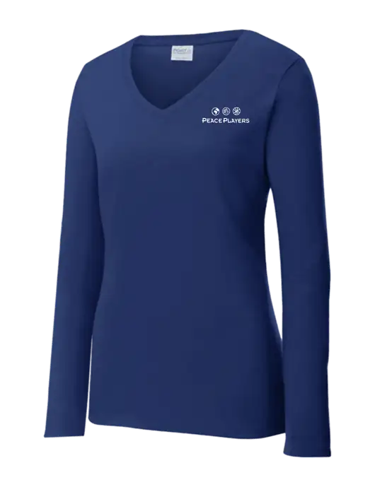 Womens  V-Neck Ring Spun Navy 4.5 oz Long Sleeve T-Shirt w/Peace Players Logo
