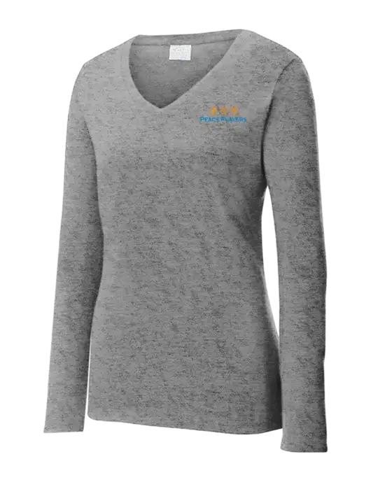 Womens  V-Neck Ring Spun Grey Heather 4.5 oz Long Sleeve T-Shirt w/Peace Players Logo