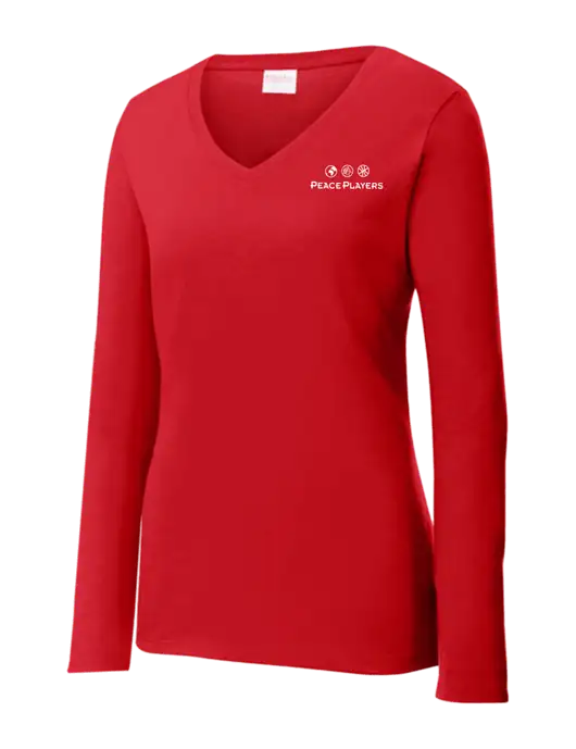 Womens  V-Neck Ring Spun Bright Red 4.5 oz Long Sleeve T-Shirt w/Peace Players Logo