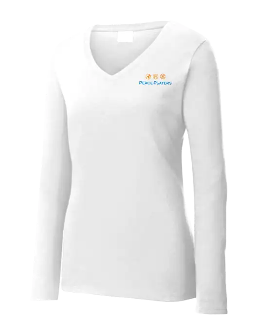 Womens  V-Neck Ring Spun White 4.5 oz Long Sleeve T-Shirt w/Peace Players Logo