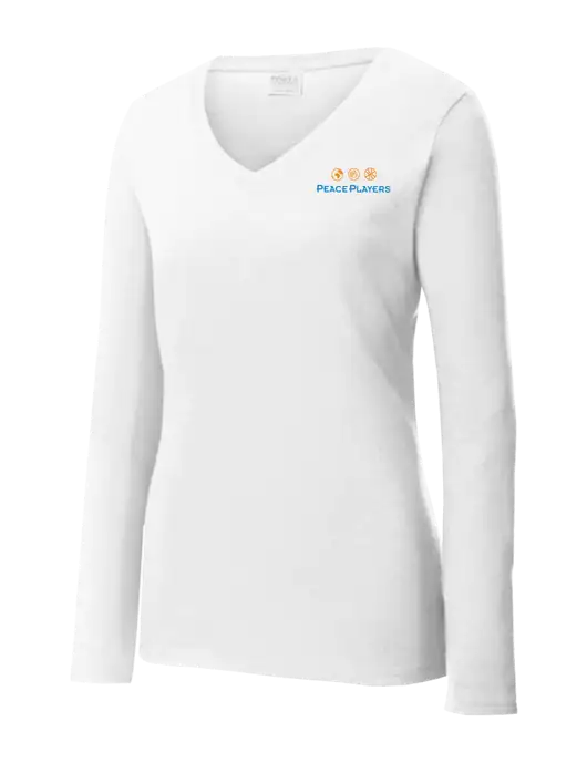 Womens  V-Neck Ring Spun White 4.5 oz Long Sleeve T-Shirt w/Peace Players Logo