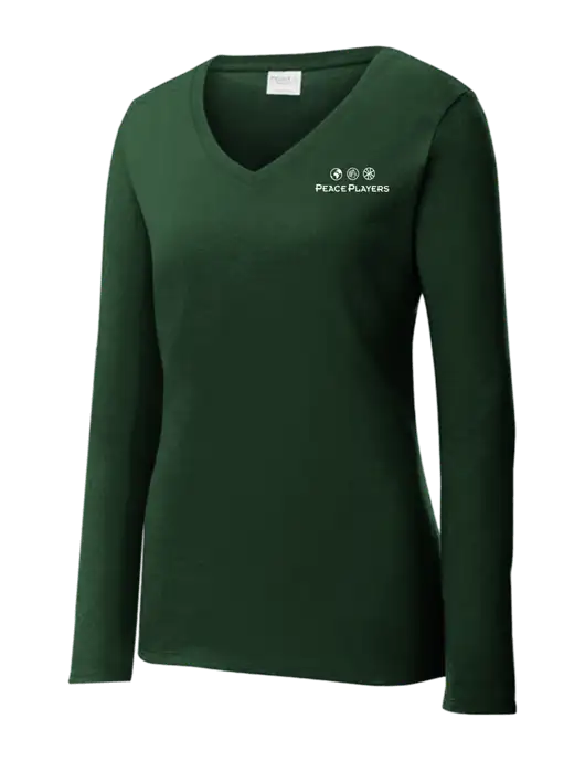 Womens  V-Neck Ring Spun Forest Green 4.5 oz Long Sleeve T-Shirt w/Peace Players Logo
