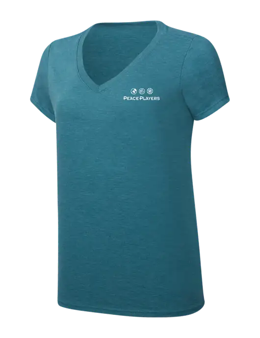 Womens Simply Soft V-Neck Heather Teal 4.5oz  Poly/Combed Ring Spun Cotton T-Shirt w/Peace Players Logo