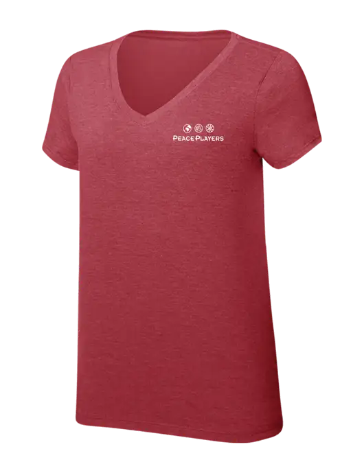 Womens Simply Soft V-Neck Red Frost 4.5oz  Poly/Combed Ring Spun Cotton T-Shirt w/Peace Players Logo
