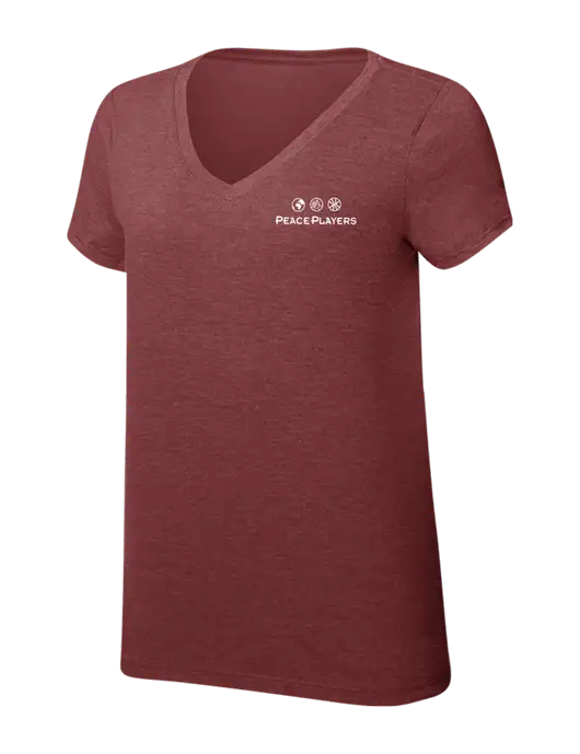 Womens Simply Soft V-Neck Maroon Frost 4.5oz  Poly/Combed Ring Spun Cotton T-Shirt w/Peace Players Logo