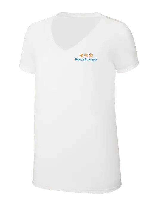 Womens Simply Soft V-Neck White 4.5oz  Poly/Combed Ring Spun Cotton T-Shirt w/Peace Players Logo