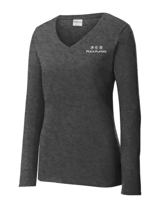 Womens  V-Neck Ring Spun Dark Heather Grey 4.5 oz Long Sleeve T-Shirt w/Peace Players Logo