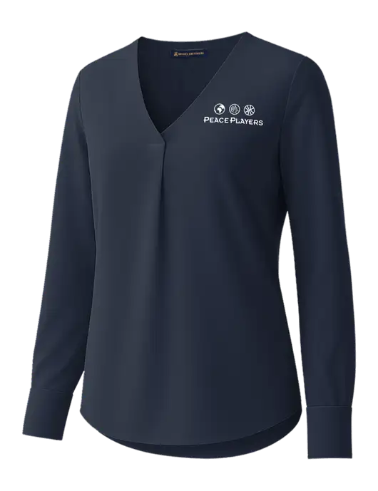 Brooks Brothers Womens Dark Navy Open-Neck Satin Blouse  w/Peace Players Logo