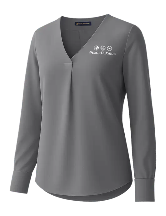 Brooks Brothers Womens Medium Grey Open-Neck Satin Blouse  w/Peace Players Logo