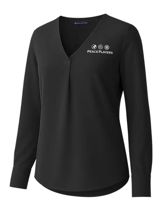 Brooks Brothers Womens Black Open-Neck Satin Blouse  w/Peace Players Logo