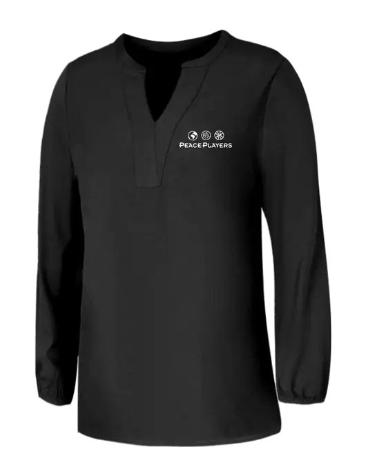 Mercer+Mettle Womens Deep Black Stretch Crepe 3/4 Sleeve Blouse w/Peace Players Logo