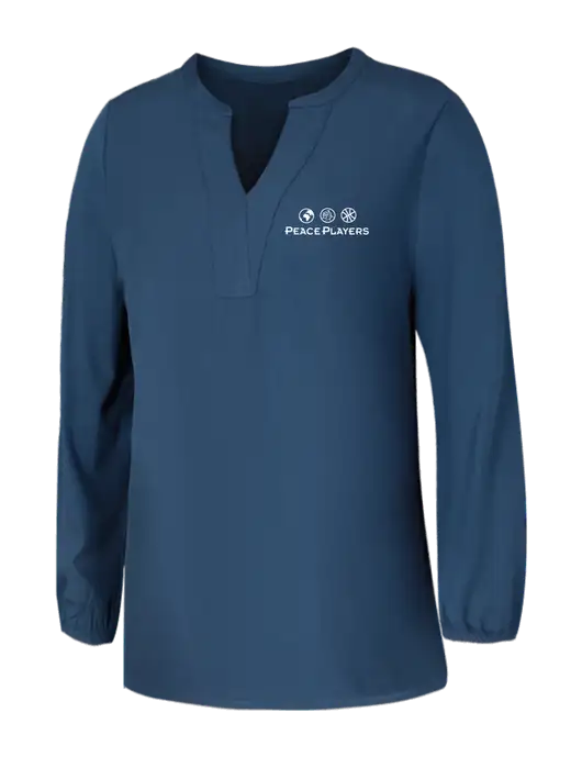 Mercer+Mettle Womens Light Navy Blue Grey Stretch Crepe 3/4 Sleeve Blouse w/Peace Players Logo