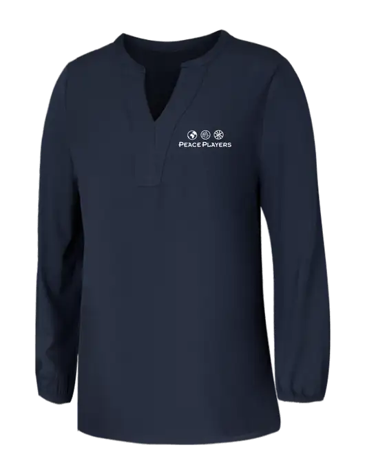 Mercer+Mettle Womens Navy Stretch Crepe 3/4 Sleeve Blouse w/Peace Players Logo
