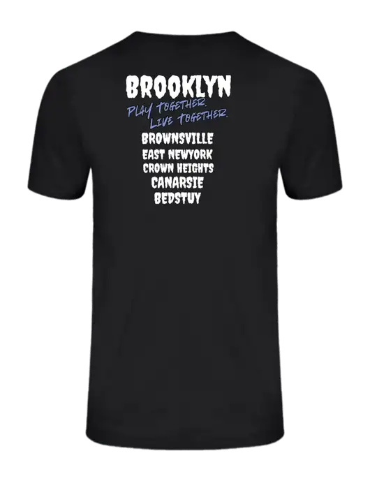 Ring Spun Jet Black 4.5 oz T-Shirt w/Play Together Logo, Peace Players Brooklyn Logo