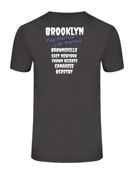 Ring Spun Charcoal 4.5 oz T-Shirt w/Play Together Logo, Peace Players Brooklyn Logo