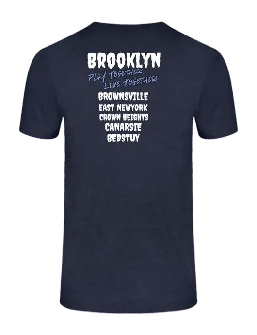 Ring Spun Heather Navy 4.5 oz T-Shirt w/Play Together Logo, Peace Players Brooklyn Logo