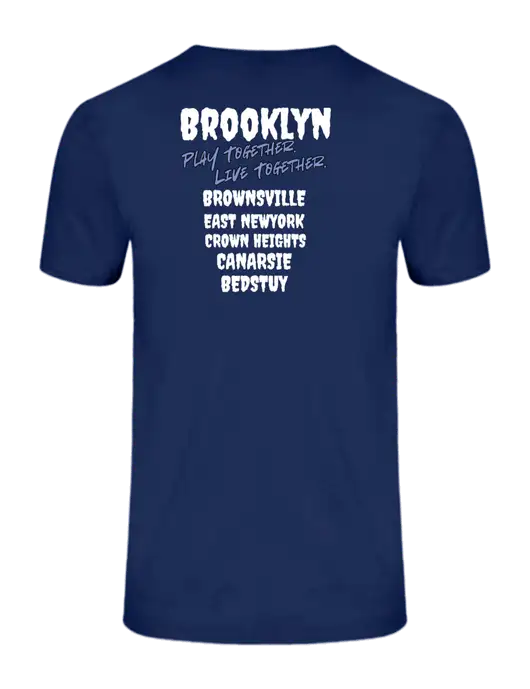 Ring Spun Navy 4.5 oz T-Shirt w/Play Together Logo, Peace Players Brooklyn Logo