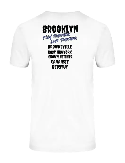 Ring Spun White 4.5 oz T-Shirt w/Play Together Logo, Peace Players Brooklyn Logo