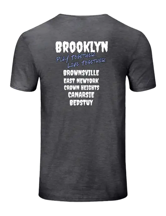 Seriously Soft Heathered Charcoal T-Shirt w/Play Together Logo, Peace Players Brooklyn Logo