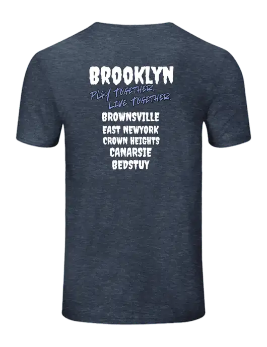 Seriously Soft Heathered Navy T-Shirt w/Play Together Logo, Peace Players Brooklyn Logo