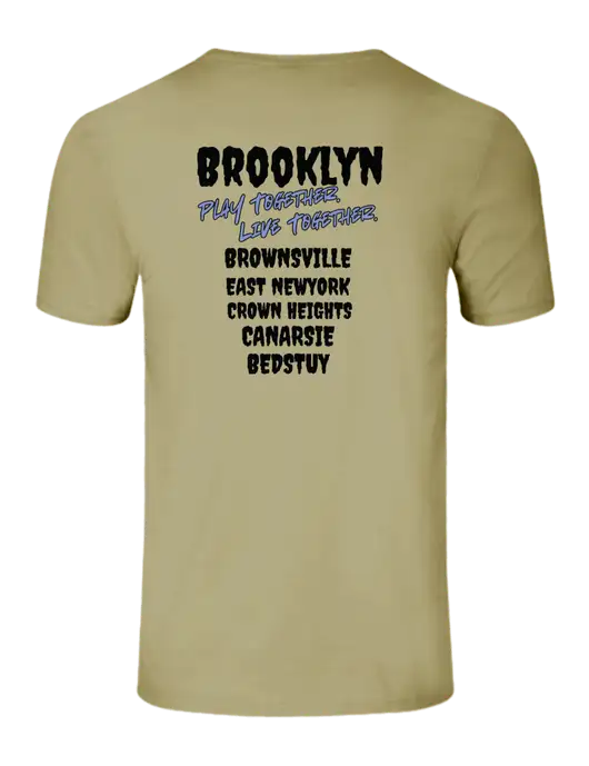 Seriously Soft Tan T-Shirt w/Play Together Logo, Peace Players Brooklyn Logo