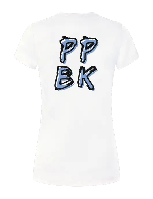 Womens Simply Soft White 4.5oz Poly/Combed Ring Spun Cotton T-Shirt
 w/PPBK logo, Peace Players Brooklyn Logo