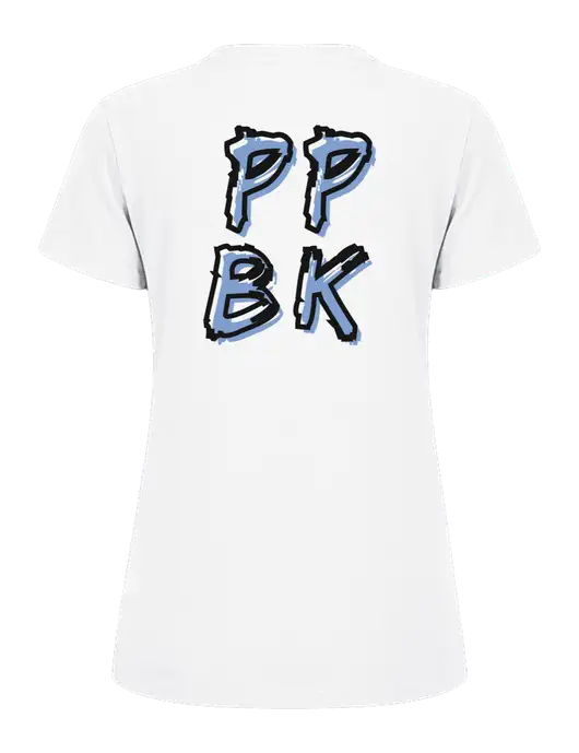 Womens Ring Spun White 4.5 oz T-Shirt w/PPBK logo, Peace Players Brooklyn Logo