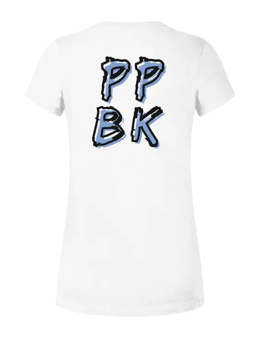 Womens Ring Spun White 4.5 oz T-Shirt w/PPBK logo, Peace Players Brooklyn Logo