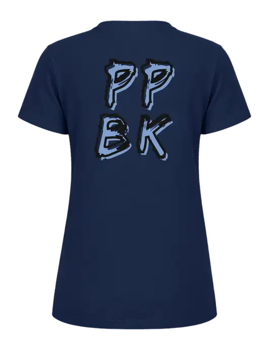 Womens Ring Spun Navy 4.5 oz T-Shirt w/PPBK logo, Peace Players Brooklyn Logo