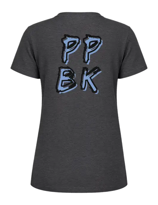 Womens Ring Spun Dark Heather Grey 4.5 oz T-Shirt w/PPBK logo, Peace Players Brooklyn Logo