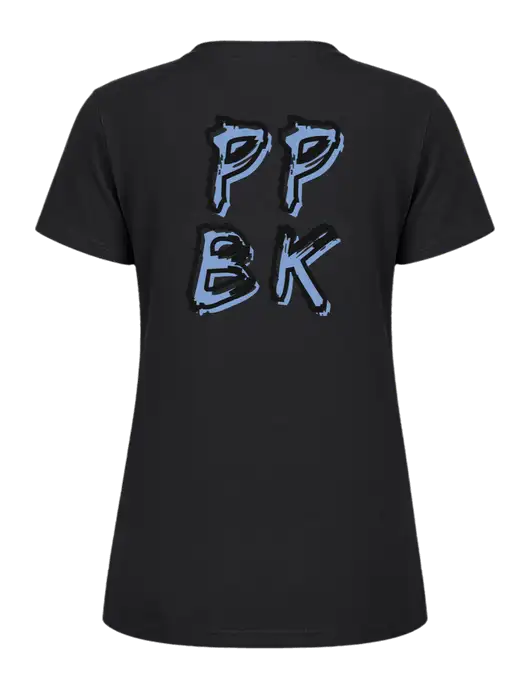 Womens Ring Spun Jet Black 4.5 oz T-Shirt w/PPBK logo, Peace Players Brooklyn Logo