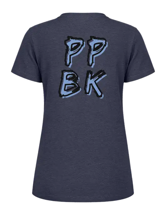 Womens Ring Spun Heather Navy 4.5 oz T-Shirt w/PPBK logo, Peace Players Brooklyn Logo