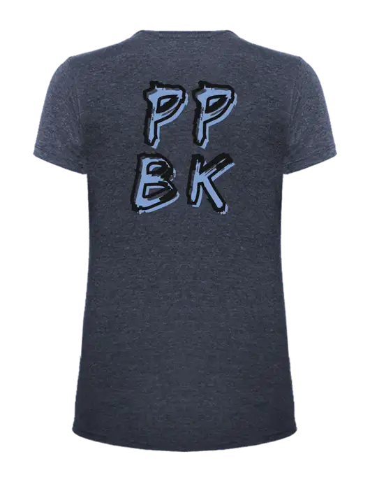 Womens Ring Spun Heather Navy 4.5 oz T-Shirt w/PPBK logo, Peace Players Brooklyn Logo