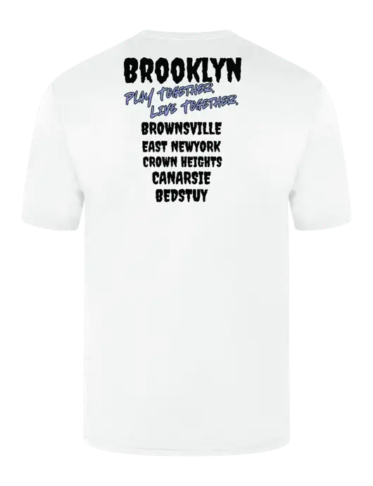 Simply Soft White 4.5oz  Poly/Combed Ring Spun Cotton T-Shirt w/Play Together Logo, Peace Players Brooklyn Logo