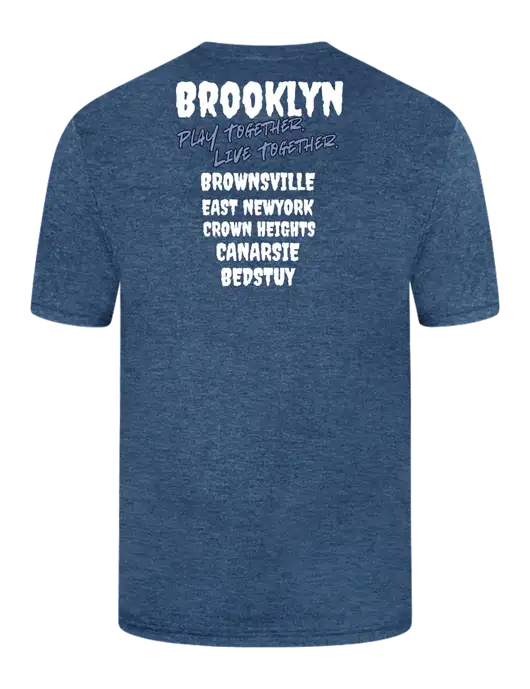 Simply Soft Heathered Navy 4.5oz  Poly/Combed Ring Spun Cotton T-Shirt w/Play Together Logo, Peace Players Brooklyn Logo
