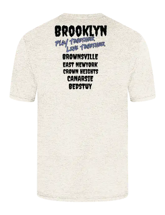 Simply Soft Very Light Tan Heather 4.5oz Poly/Combed Ring Spun Cotton T-Shirt w/Play Together Logo, Peace Players Brooklyn Logo