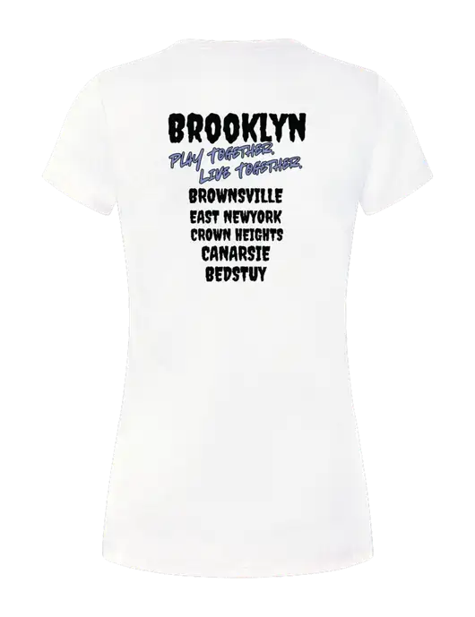 Womens Simply Soft White 4.5oz Poly/Combed Ring Spun Cotton T-Shirt
 w/Play Together Logo, Peace Players Brooklyn Logo