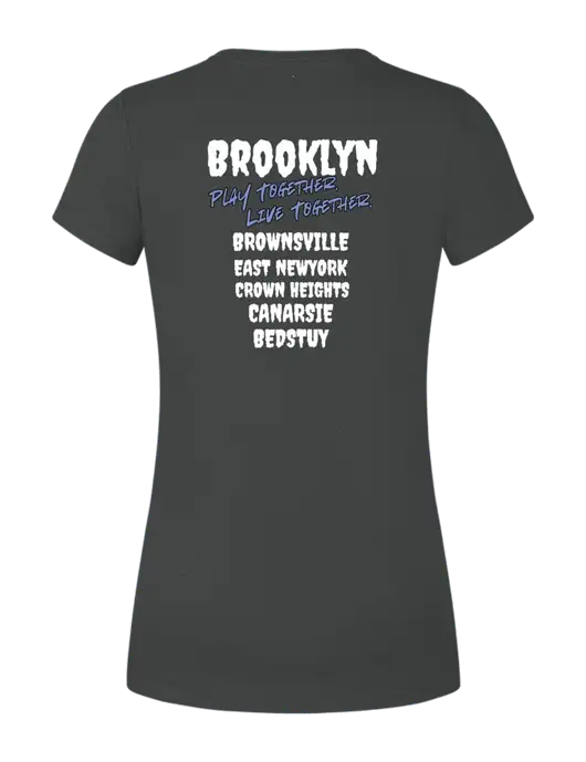 Womens Simply Soft Black Frost 4.5oz Poly/Combed Ring Spun Cotton T-Shirt w/Play Together Logo, Peace Players Brooklyn Logo