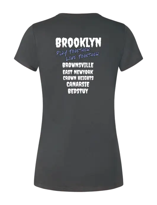 Womens Simply Soft Charcoal 4.5oz Poly/Combed Ring Spun Cotton T-Shirt w/Play Together Logo, Peace Players Brooklyn Logo