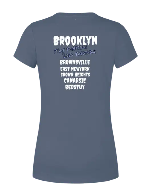 Womens Simply Soft Navy Frost 4.5oz  Poly/Combed Ring Spun Cotton T-Shirt w/Play Together Logo, Peace Players Brooklyn Logo