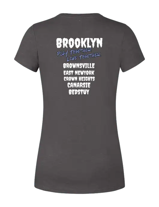 Womens Simply Soft Heather Charcoal 4.5oz  Poly/Combed Ring Spun Cotton T-Shirt w/Play Together Logo, Peace Players Brooklyn Logo