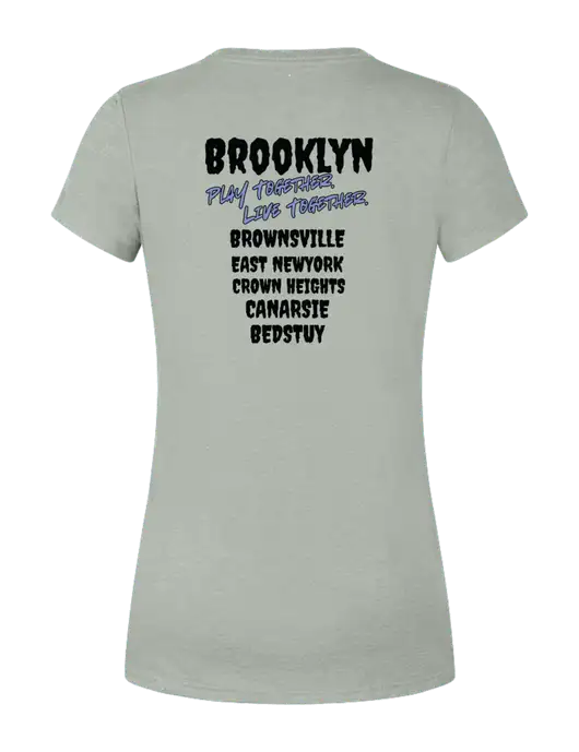 Womens Simply Soft Grey Frost 4.5oz  Poly/Combed Ring Spun Cotton T-Shirt w/Play Together Logo, Peace Players Brooklyn Logo