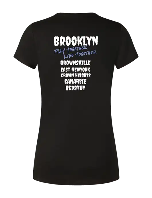 Womens Simply Soft Black 4.5oz Poly/Combed Ring Spun Cotton T-Shirt w/Play Together Logo, Peace Players Brooklyn Logo