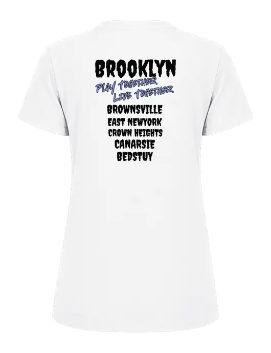 Womens Ring Spun White 4.5 oz T-Shirt w/Play Together Logo, Peace Players Brooklyn Logo