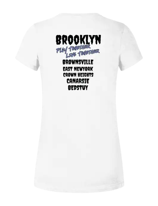 Womens Ring Spun White 4.5 oz T-Shirt w/Play Together Logo, Peace Players Brooklyn Logo