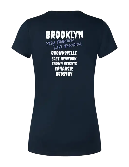 Womens Simply Soft Navy 4.5oz Poly/Combed Ring Spun Cotton T-Shirt w/Play Together Logo, Peace Players Brooklyn Logo