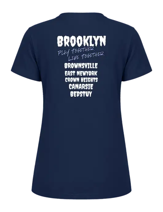 Womens Ring Spun Navy 4.5 oz T-Shirt w/Play Together Logo, Peace Players Brooklyn Logo